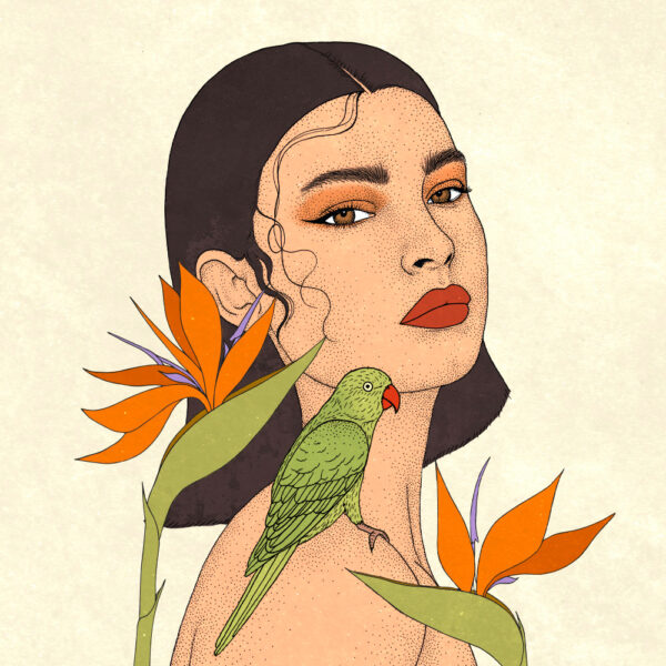 Portrait avec fleurs et oiseau